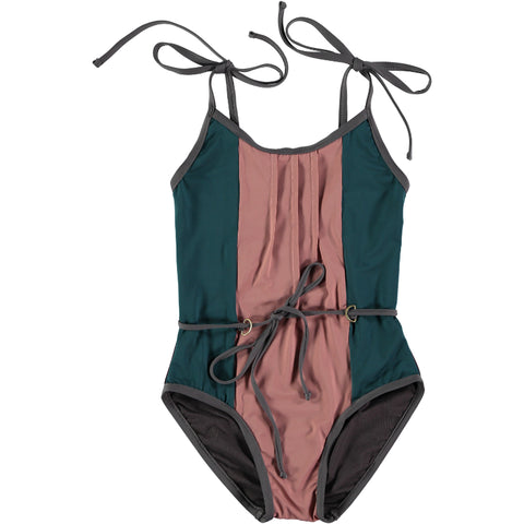 Bañador jaretas - verde y rosa viejo - Miss Coppelia